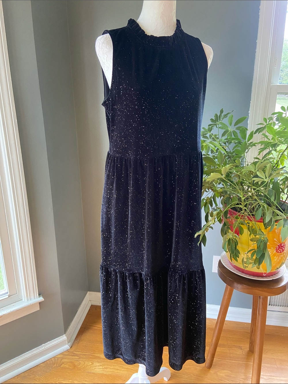 J. Crew Sleeveless Black Velvet Maxi Dress with Sparkle Size 10